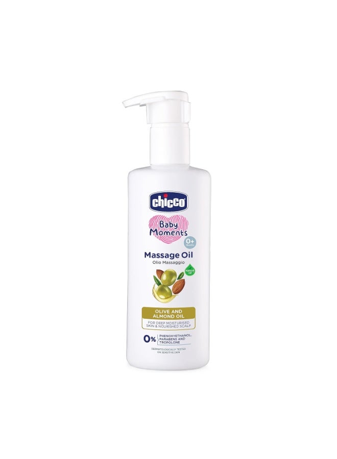 Chicco Baby Moments Massage Oil, New Advanced Non-sticky & Moisturizing Formula with Natural Ingredients to Prevent Dryness, Suitable for Baby’s Skin, Hair & Scalp, No Phenoxyethanol & Parabens, Almond (300ml) - Image 1